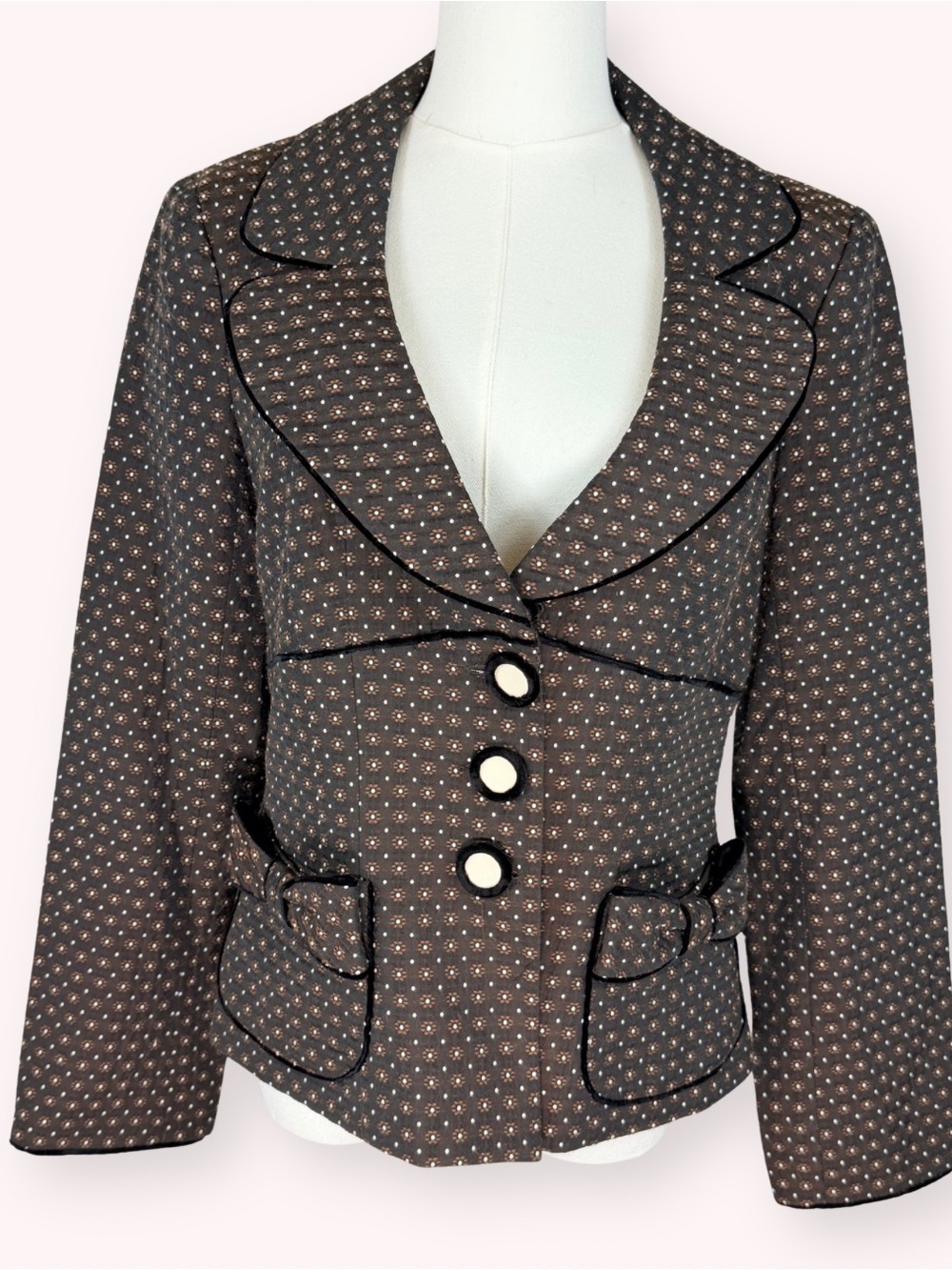 OG Nanette Lepore Vintage Micro Floral Tailored Blazer Velvet Trim Bow Pockets